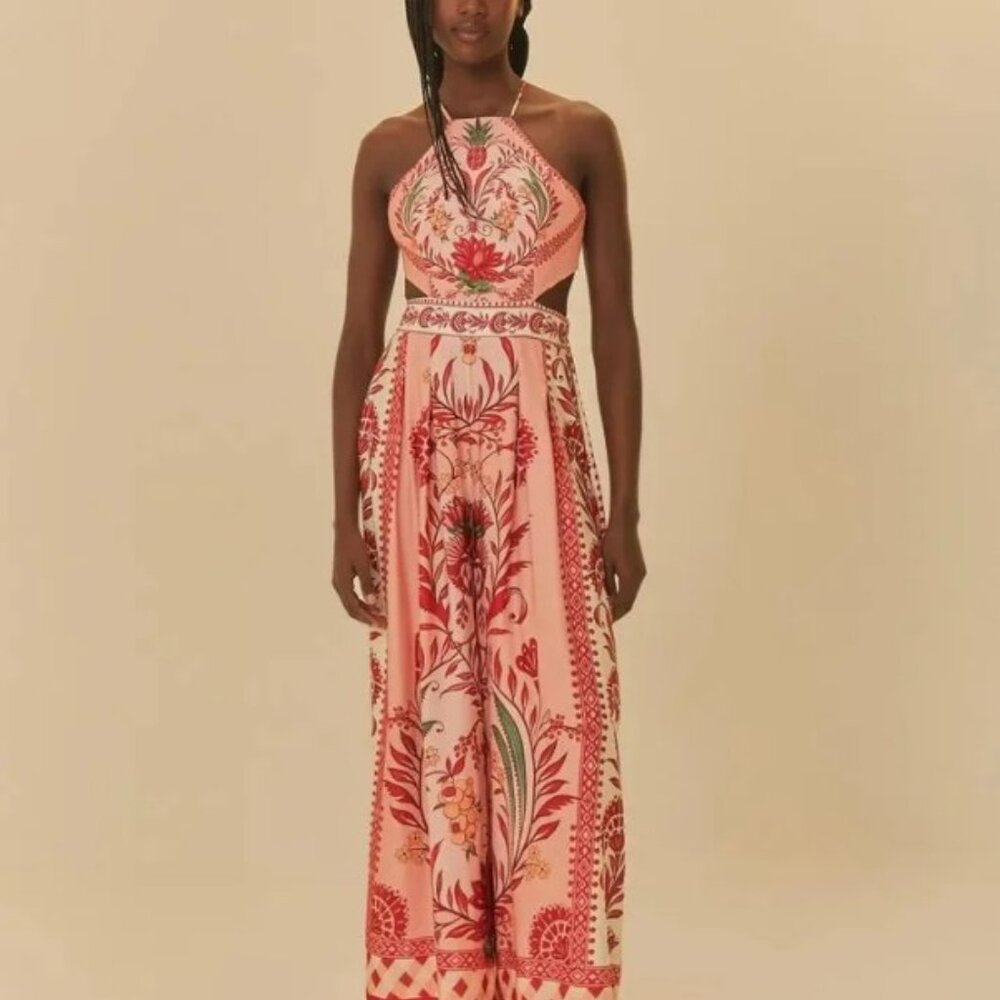 Farm Rio Leveza Romantica Jumpsuit Size S Pink Wide Leg NWT Summer 2025